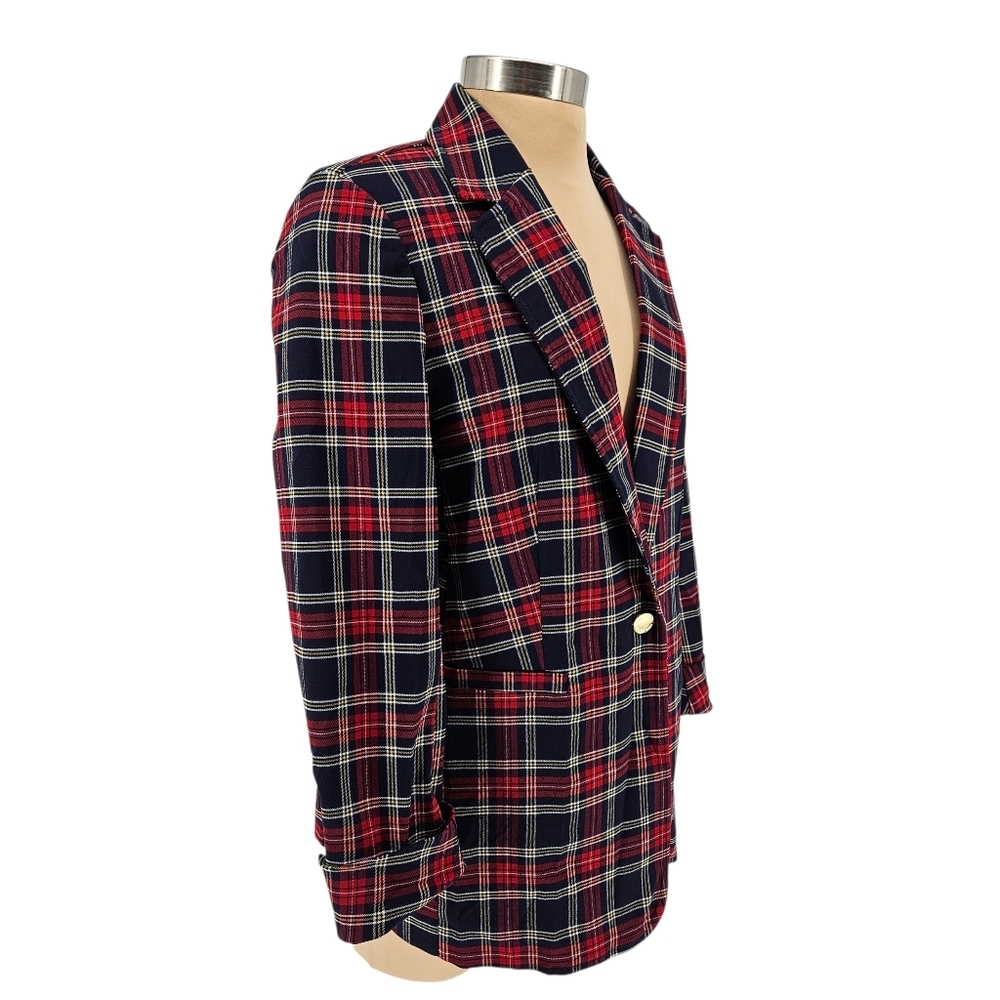 Anne Klein Blazer Red Plaid Long Sleeve Button Lightweight Career Jacket Medium - Picture 2 of 8